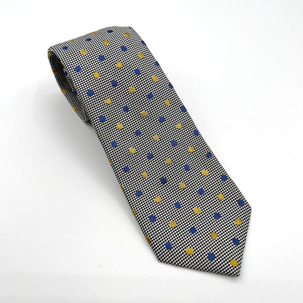 Hackett London Men's Silk Polka Dot Checkered Necktie Yellow Blue Black EUC!